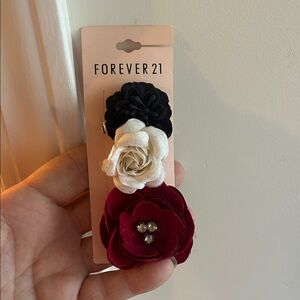 Forever 21 Black, Cream, and Red Floral Hair Clips
